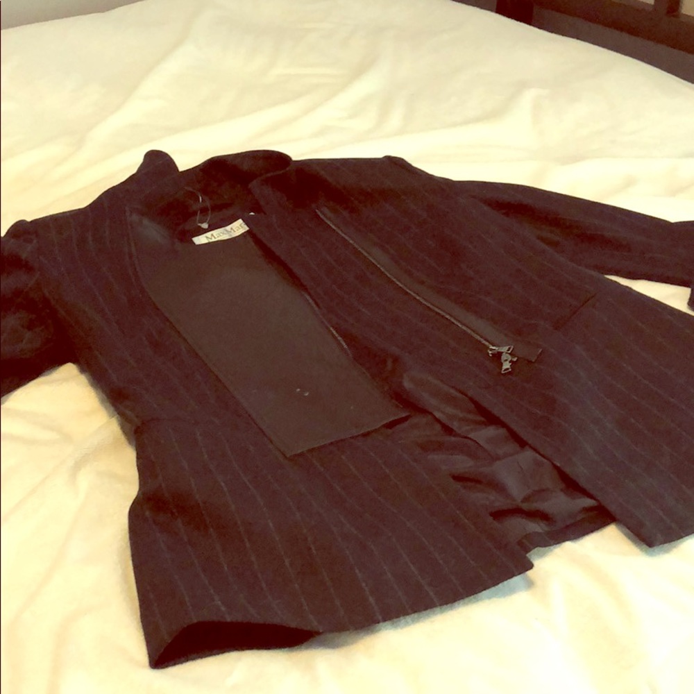 MaxMara navy pinstripe blazer with leather lapels